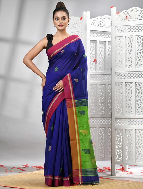 blue linen handloom saree - 21240593 - Very Small Image - 1