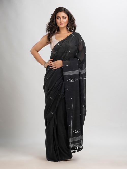 black cotton jamdani saree - 21240674 - Very Small Image - 1