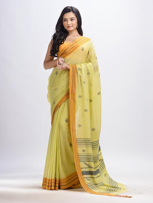yellow cotton jamdani saree with blouse - 21240816 - Very Small Image - 1
