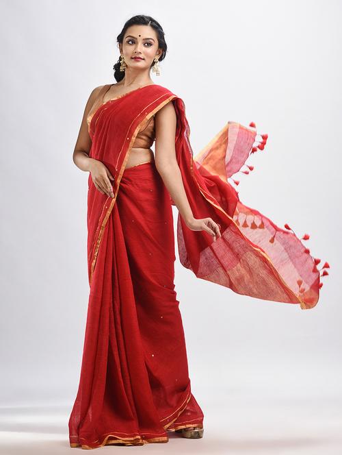 red cotton handloom saree with blouse - 21240862 - Very Small Image - 1