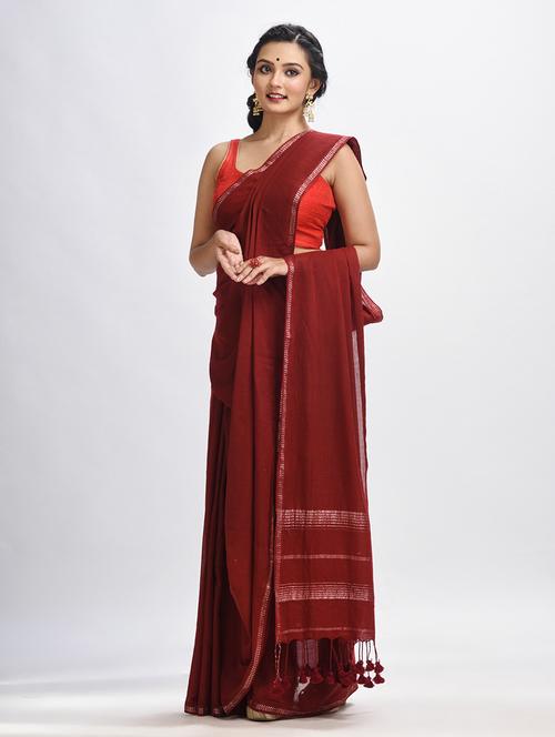 maroon cotton handloom saree with blouse - 21240938 - Very Small Image - 1