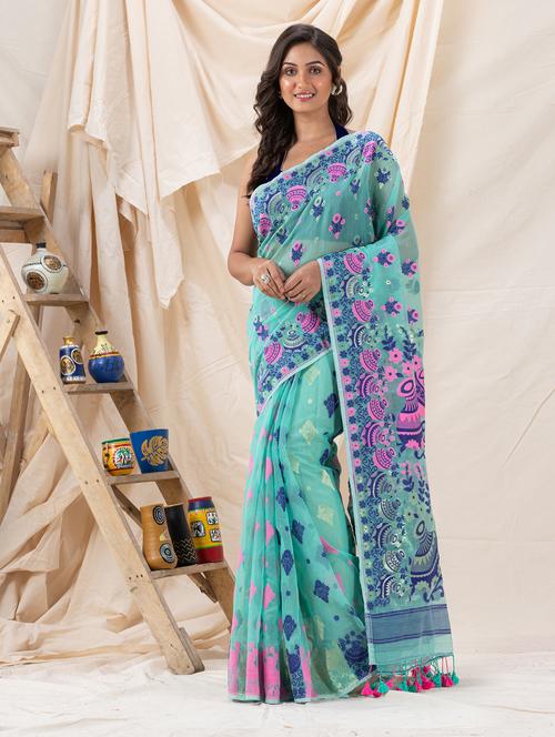 traditional turquoise soft dhakai jamdani saree with blouse - 21240967 - Very Small Image - 1