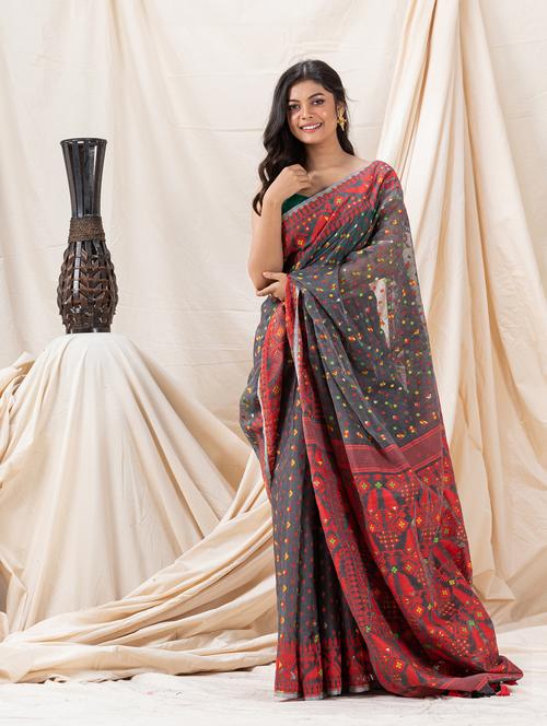 traditional deep grey soft dhakai jamdani saree with blouse - 21240971 - Very Small Image - 1