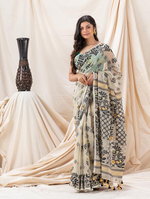 traditional beige soft dhakai jamdani saree with blouse - 21240974 - Very Small Image - 1