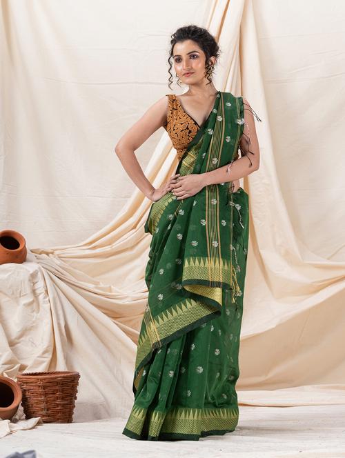 traditional cotton blend dark green handloom saree - 21240991 - Very Small Image - 1