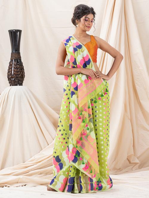 lime cotton jamdani saree - 21240992 - Very Small Image - 1