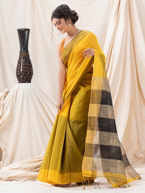 yellow cotton handloom saree with blouse - 21240996 - Very Small Image - 1