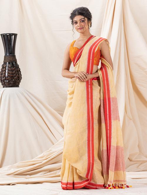 yellow cotton handloom saree - 21241006 - Very Small Image - 1