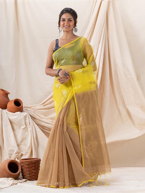 traditional deep beige yellow cotton silk fancy jamdani saree - 21241035 - Very Small Image - 1