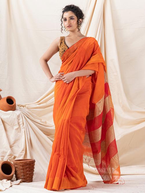 orange linen blend handloom saree - 21241062 - Very Small Image - 1