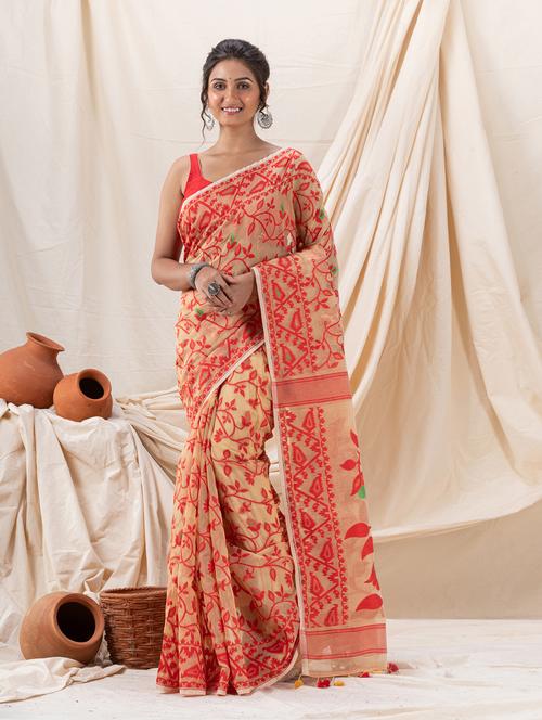 tan cotton blend jamdani saree - 21241067 - Very Small Image - 1