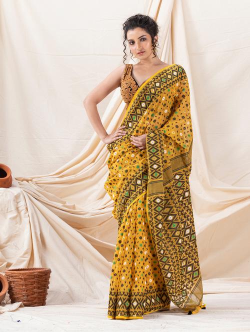 mustard cotton blend jamdani saree - 21241068 - Very Small Image - 1