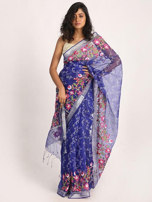 blue cotton handloom saree with blouse - 21241114 - Very Small Image - 1