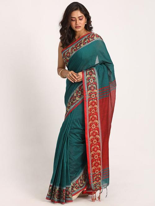teal cotton blend handloom saree with blouse - 21241131 - Very Small Image - 1