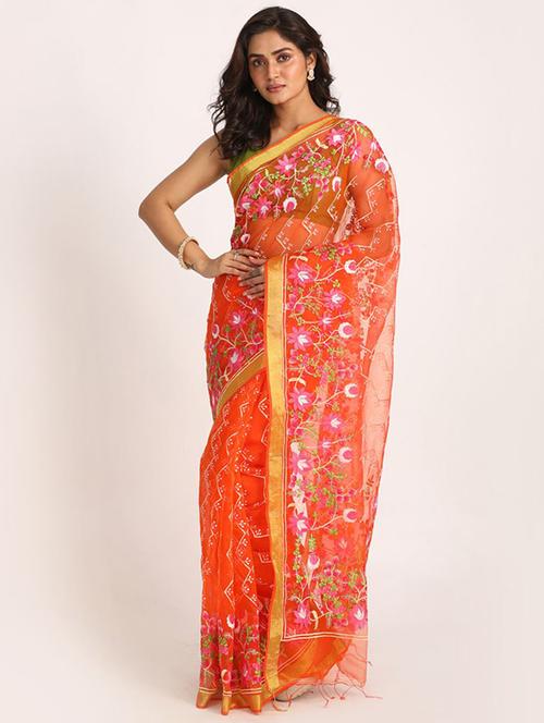 orange cotton handloom saree with blouse - 21241161 - Very Small Image - 1