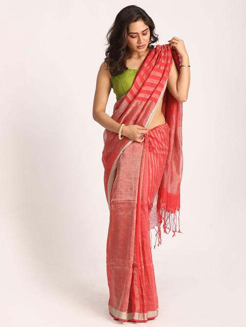 red linen handloom saree - 21241190 - Very Small Image - 1