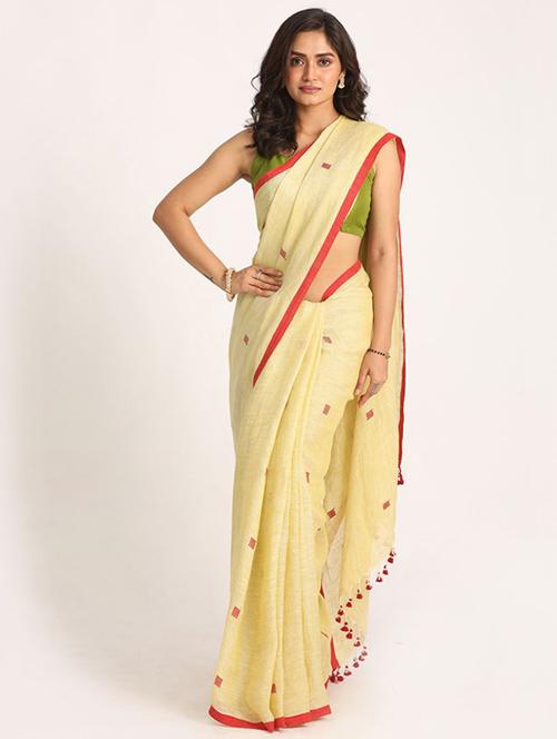 yellow linen handloom saree with blouse - 21241193 - Very Small Image - 1
