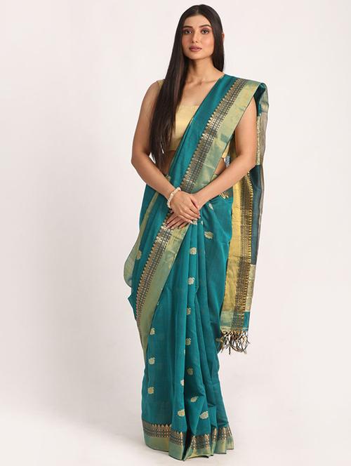 teal cotton handloom saree - 21241206 - Very Small Image - 1