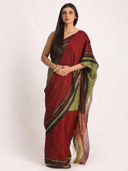 maroon cotton blend handloom saree with blouse - 21241207 - Very Small Image - 1