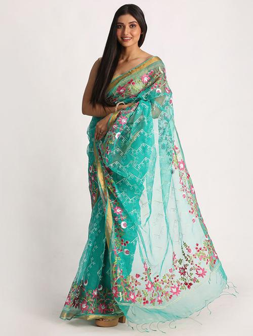 teal cotton blend handloom saree - 21241213 - Very Small Image - 1