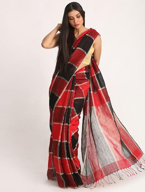 red cotton blend handloom saree - 21241216 - Very Small Image - 1