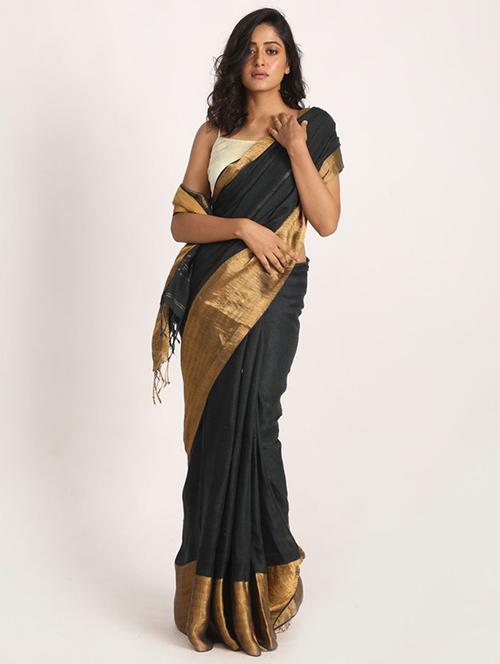 black cotton blend handloom saree - 21241220 - Very Small Image - 1