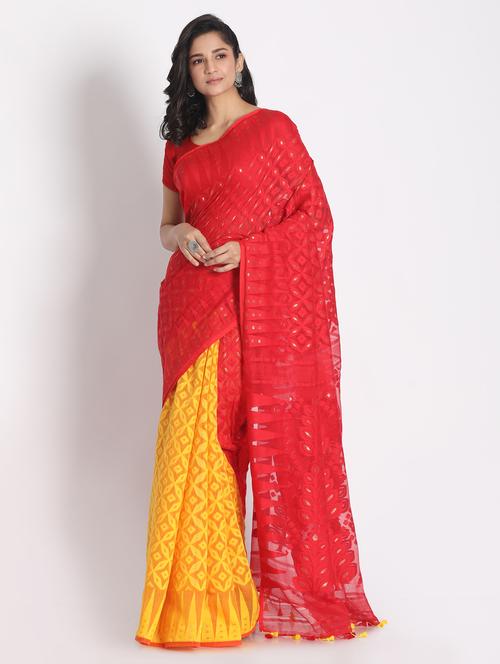 red cotton jamdani saree - 21241570 - Very Small Image - 1