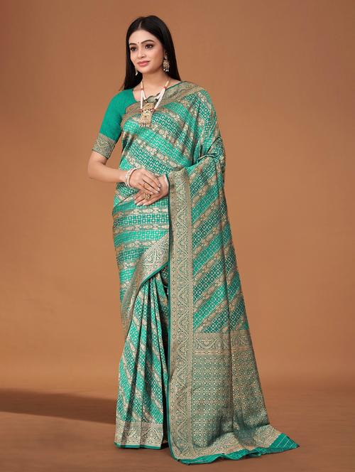 teal silk banarasi saree - 21242280 - Very Small Image - 1