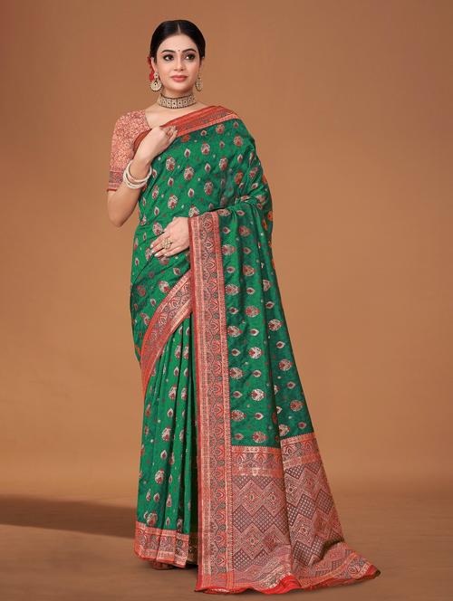 bottle green silk banarasi saree - 21242296 - Very Small Image - 1