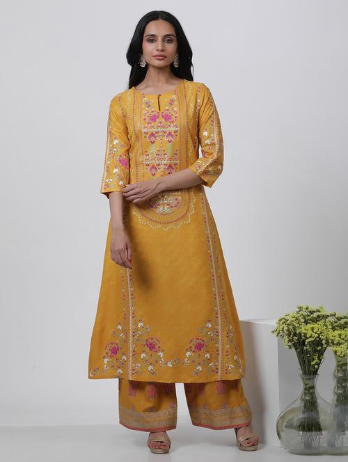 women yellow key hole neck kurta palazzo set - 21242511 - Very Small Image - 1
