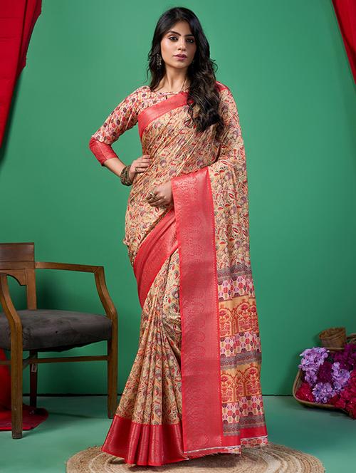 women printed bordered saree with blouse - 21244468 - Very Small Image - 1