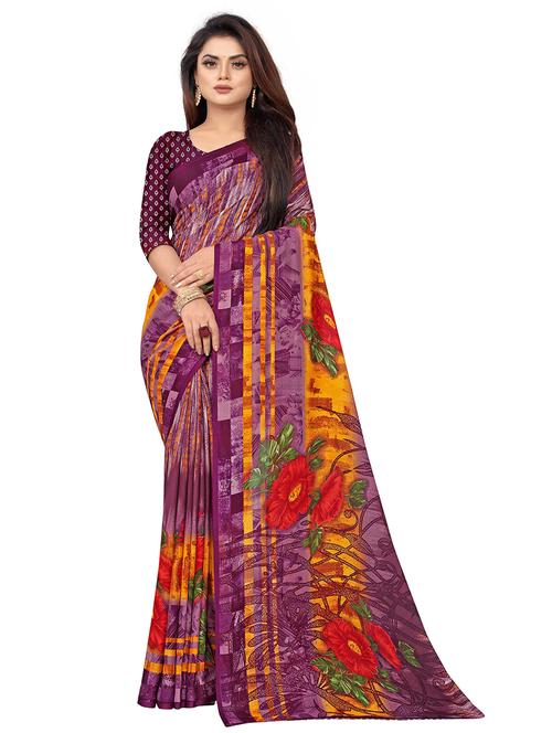 women purple printed georgette saree with blouse - 21246339 - Very Small Image - 1