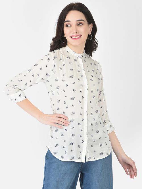 women printed mandrain neck high low shirt - 21248061 - Very Small Image - 1
