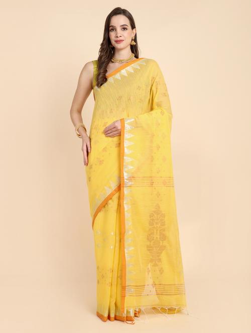 yellow cotton blend ikkat saree - 21251435 - Very Small Image - 1