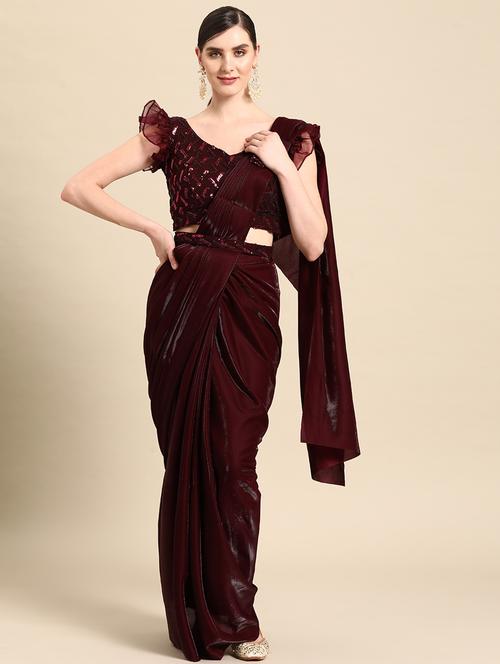 maroon lycra blend ready to wear saree - 21259276 - Very Small Image - 1