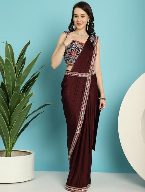 women maroon solid redy to wear saree - 21259316 - Very Small Image - 1