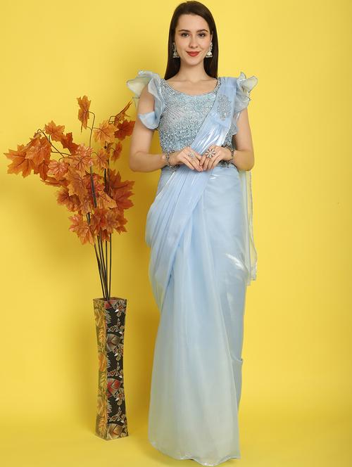 light blue lycra blend ready to wear saree with blouse - 21259335 - Very Small Image - 1