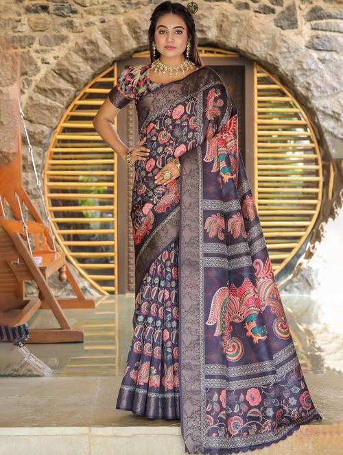 women grey printed zari boredered saree - 21260982 - Very Small Image - 1