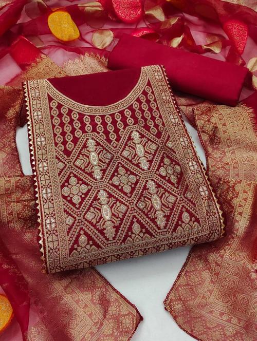 red cotton blend unstitched suit - 21261755 - Very Small Image - 1