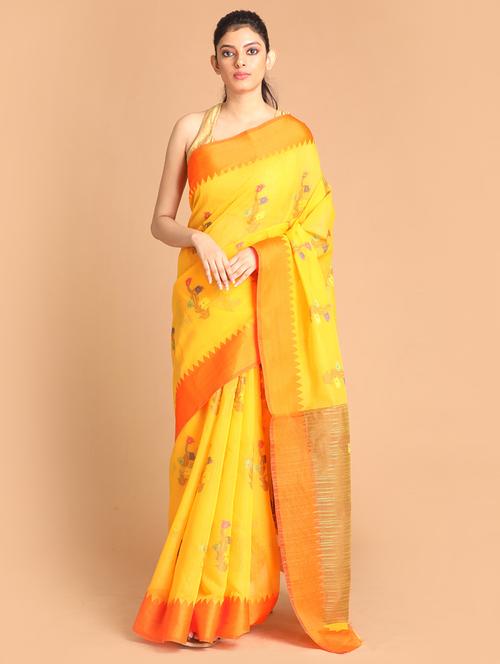 yellow poly blend handloom saree with blouse - 21271139 - Very Small Image - 1