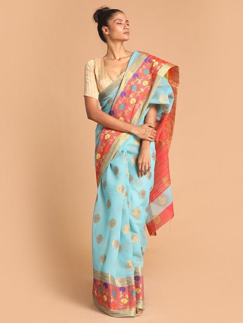 light blue handloom saree with blouse - 21271146 - Very Small Image - 1