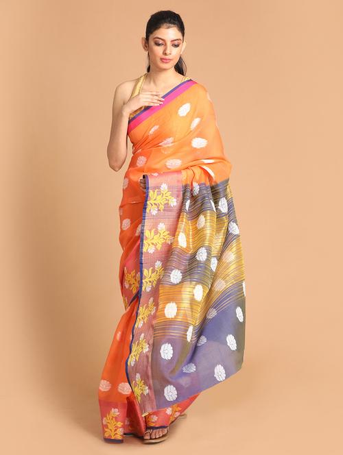 orange poly blend handloom saree - 21271162 - Very Small Image - 1