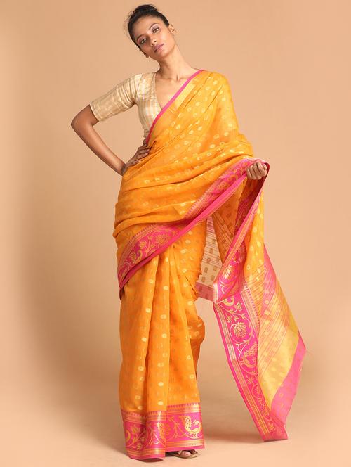 yellow poly blend handloom saree with blouse - 21271168 - Very Small Image - 1