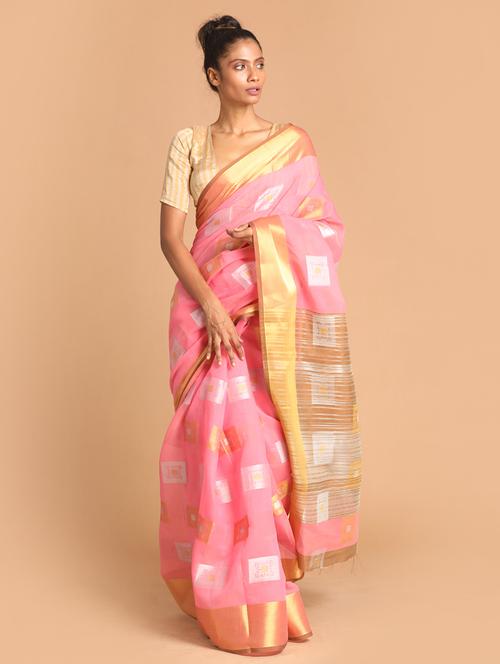pink poly blend handloom saree - 21271170 - Very Small Image - 1
