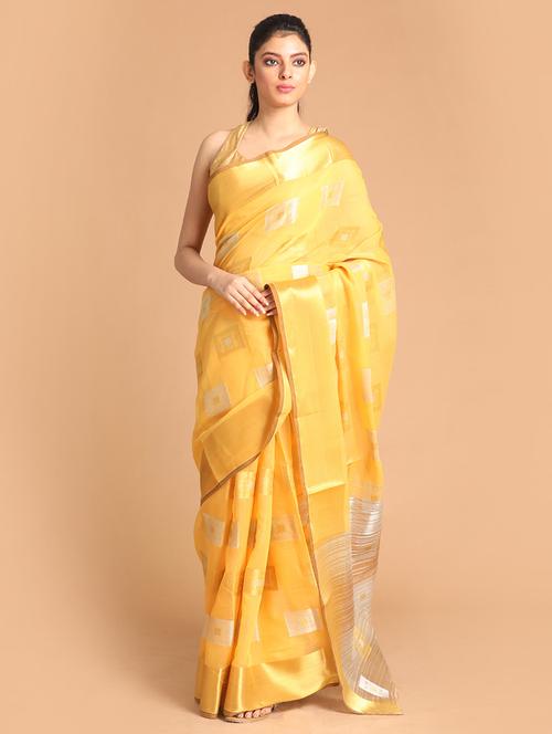 yellow poly blend handloom saree with blouse - 21271172 - Very Small Image - 1