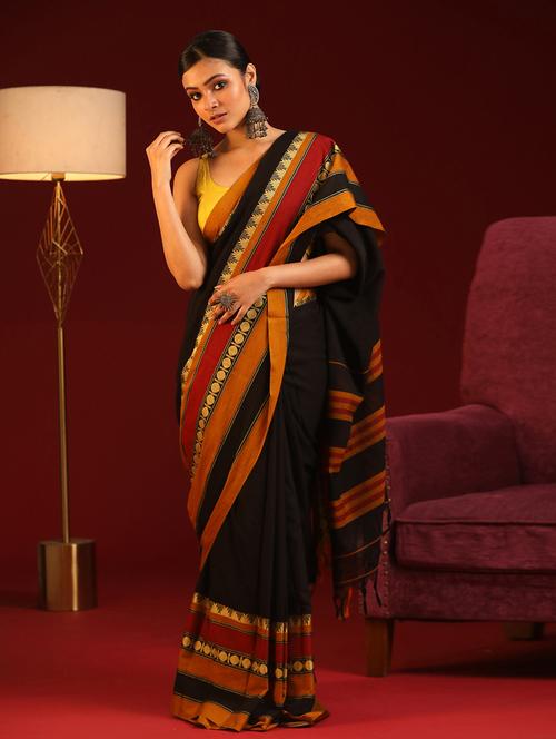 black cotton handloom saree with blouse - 21271184 - Very Small Image - 1