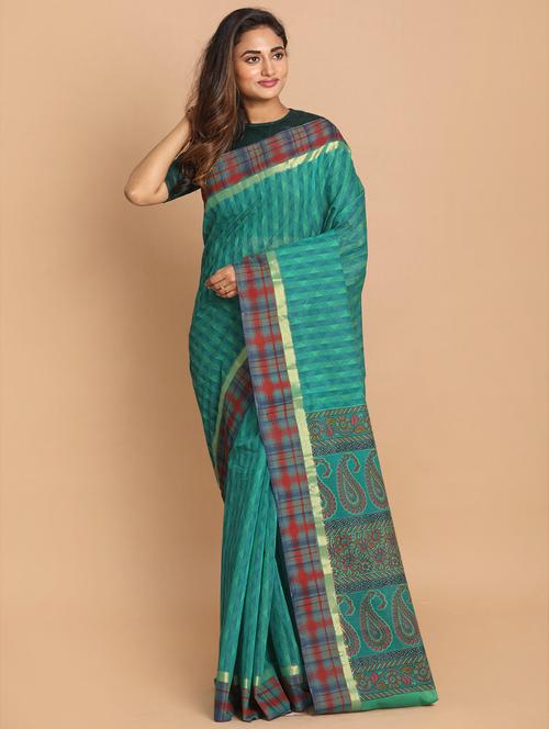 green cotton blend gadwal saree with blouse - 21272044 - Very Small Image - 1
