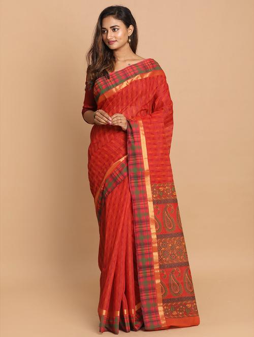 rust cotton blend gadwal saree with blouse - 21272046 - Very Small Image - 1