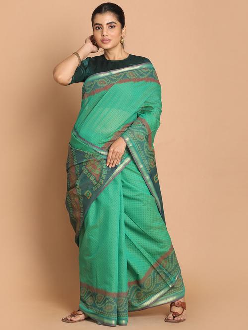 green cotton blend gadwal saree with blouse - 21272105 - Very Small Image - 1