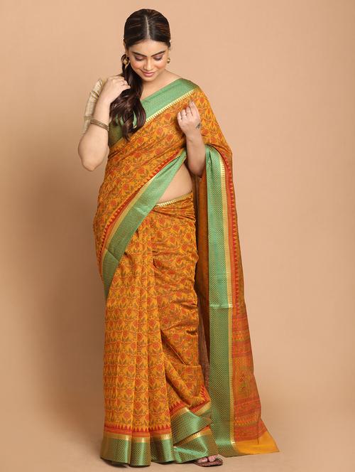 yellow cotton blend gadwal saree with blouse - 21272159 - Very Small Image - 1